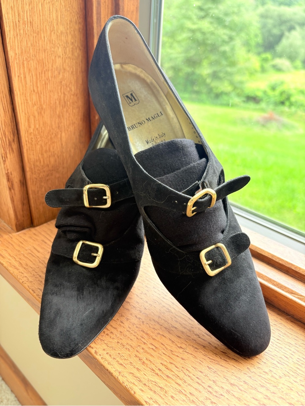 Vintage Bruno Magli Black Suede Double Buckle Pumps Size 9